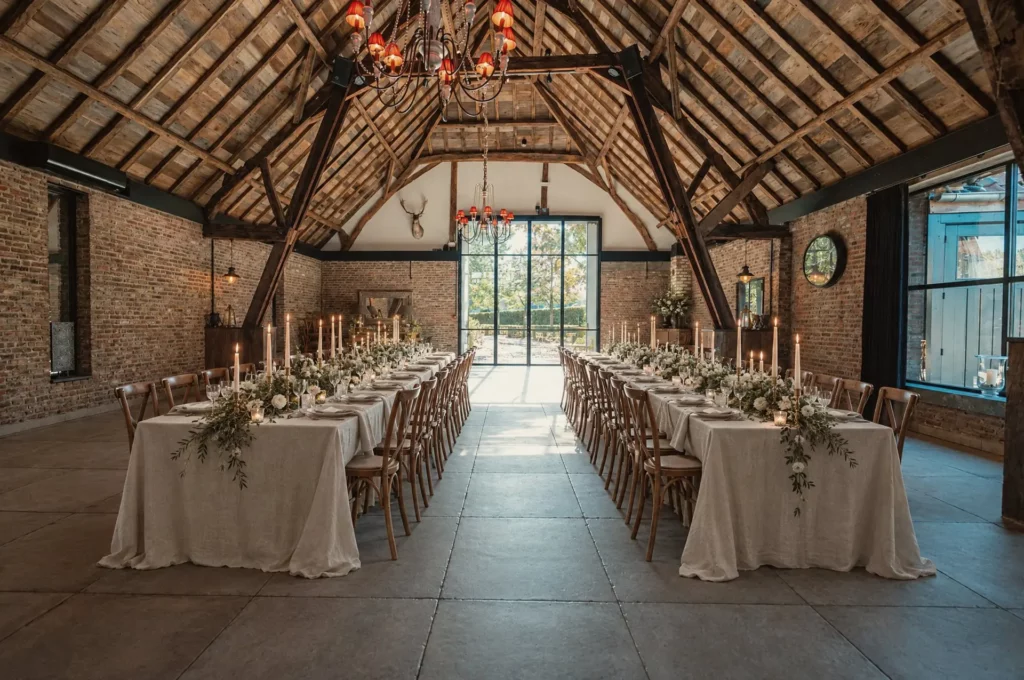 Sfeerbeeld: Huwelijksdiner aan lange tafels in het atelier van Diepenbroekhof
